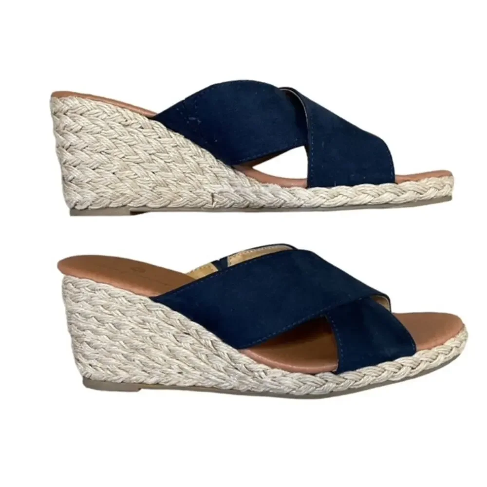 Tommy Bahama Stacey Wedge Slide Sandals Navy Blue Size 9M Espadrille Comfort